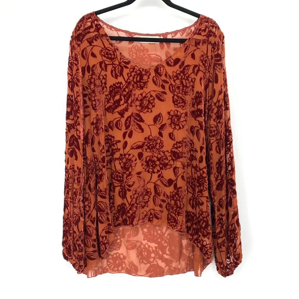 4 Love & Liberty Johnny Was Silk Rayon Velvet Burnout Top Floral Rust Brown XL